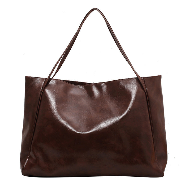Women's Retro Soft PU Leather Large Capacity Tote Shoulder Handbag - Autumn Winter Fashion Statement Bag in Wine Red, Blue, Black, Brown, Milky White - Street Trendy Oversized Designer Purse