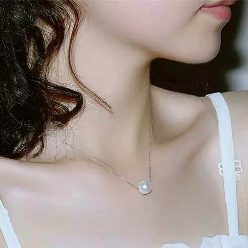 Dainty Single Pearl Clavicle Necklace Minimalist Platinum-Tone Chain, Delicate Collarbone Pendant, Gift for Her
