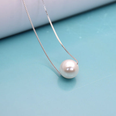 Dainty Single Pearl Clavicle Necklace Minimalist Platinum-Tone Chain, Delicate Collarbone Pendant, Gift for Her