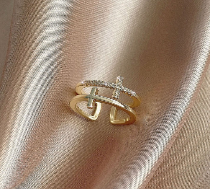 Adjustable Double Cross Zircon Ring White Gold Plated Copper Women's Fashion Jewelry