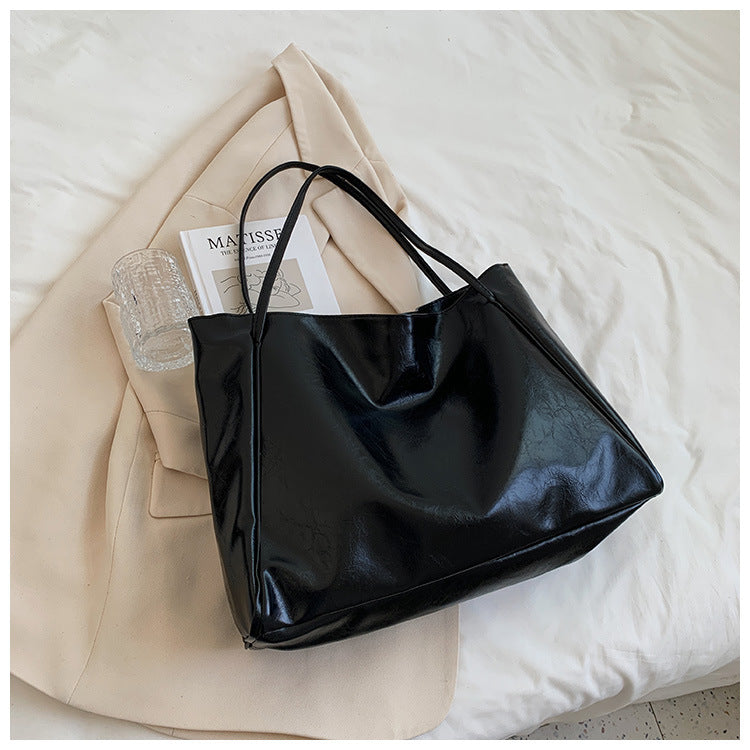 Women's Retro Soft PU Leather Large Capacity Tote Shoulder Handbag - Autumn Winter Fashion Statement Bag in Wine Red, Blue, Black, Brown, Milky White - Street Trendy Oversized Designer Purse