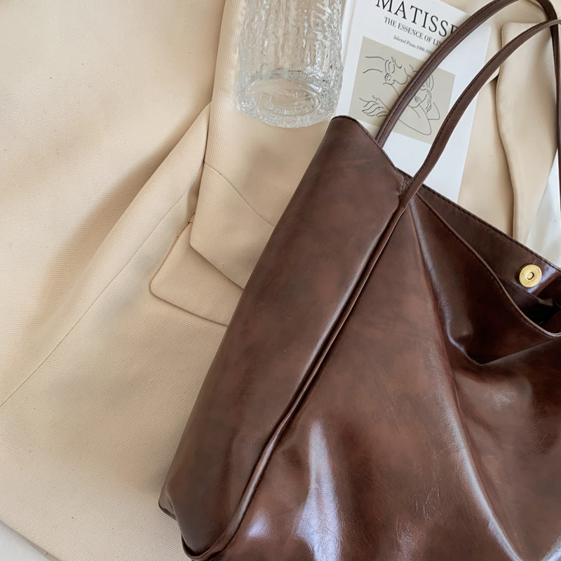 Women's Retro Soft PU Leather Large Capacity Tote Shoulder Handbag - Autumn Winter Fashion Statement Bag in Wine Red, Blue, Black, Brown, Milky White - Street Trendy Oversized Designer Purse