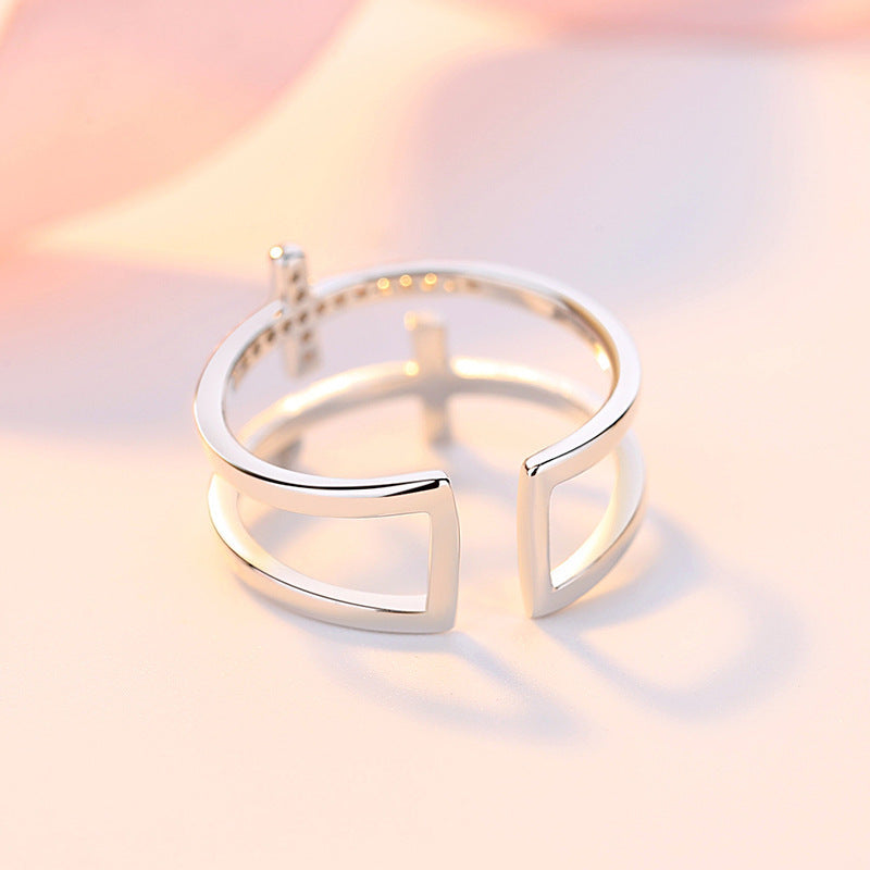 Adjustable Double Cross Zircon Ring White Gold Plated Copper Women's Fashion Jewelry