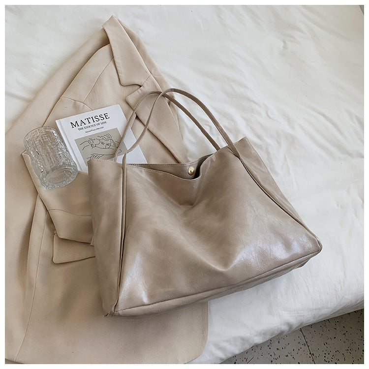 Women's Retro Soft PU Leather Large Capacity Tote Shoulder Handbag - Autumn Winter Fashion Statement Bag in Wine Red, Blue, Black, Brown, Milky White - Street Trendy Oversized Designer Purse