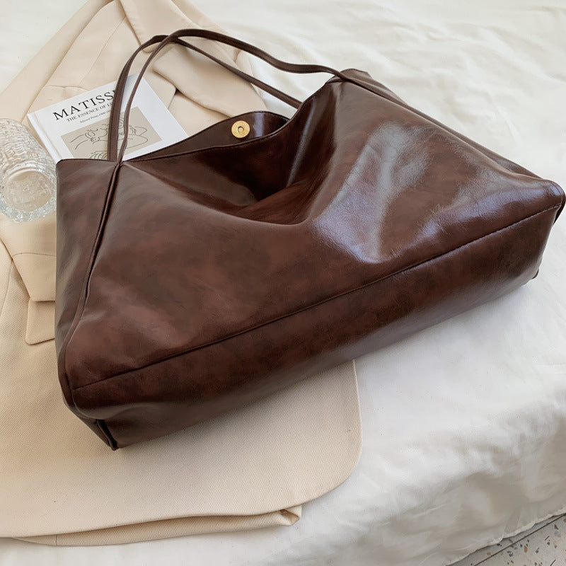 Women's Retro Soft PU Leather Large Capacity Tote Shoulder Handbag - Autumn Winter Fashion Statement Bag in Wine Red, Blue, Black, Brown, Milky White - Street Trendy Oversized Designer Purse