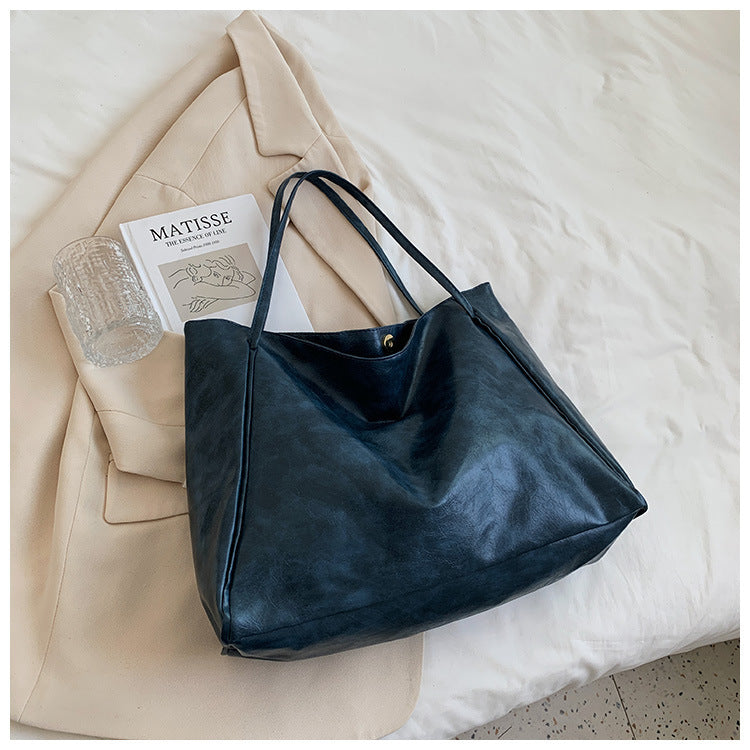 Women's Retro Soft PU Leather Large Capacity Tote Shoulder Handbag - Autumn Winter Fashion Statement Bag in Wine Red, Blue, Black, Brown, Milky White - Street Trendy Oversized Designer Purse