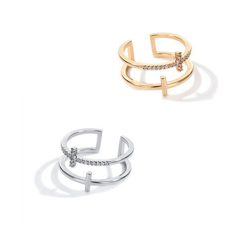 Adjustable Double Cross Zircon Ring White Gold Plated Copper Women's Fashion Jewelry