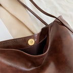 Women's Retro Soft PU Leather Large Capacity Tote Shoulder Handbag - Autumn Winter Fashion Statement Bag in Wine Red, Blue, Black, Brown, Milky White - Street Trendy Oversized Designer Purse