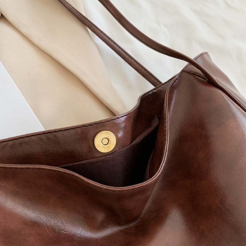 Women's Retro Soft PU Leather Large Capacity Tote Shoulder Handbag - Autumn Winter Fashion Statement Bag in Wine Red, Blue, Black, Brown, Milky White - Street Trendy Oversized Designer Purse