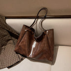 Women's Retro Soft PU Leather Large Capacity Tote Shoulder Handbag - Autumn Winter Fashion Statement Bag in Wine Red, Blue, Black, Brown, Milky White - Street Trendy Oversized Designer Purse