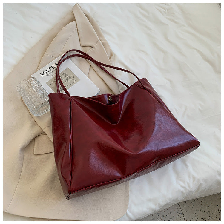 Women's Retro Soft PU Leather Large Capacity Tote Shoulder Handbag - Autumn Winter Fashion Statement Bag in Wine Red, Blue, Black, Brown, Milky White - Street Trendy Oversized Designer Purse