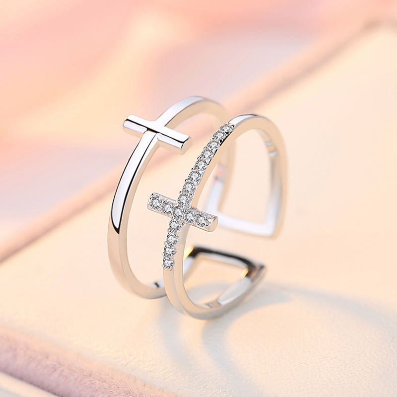 Adjustable Double Cross Zircon Ring White Gold Plated Copper Women's Fashion Jewelry