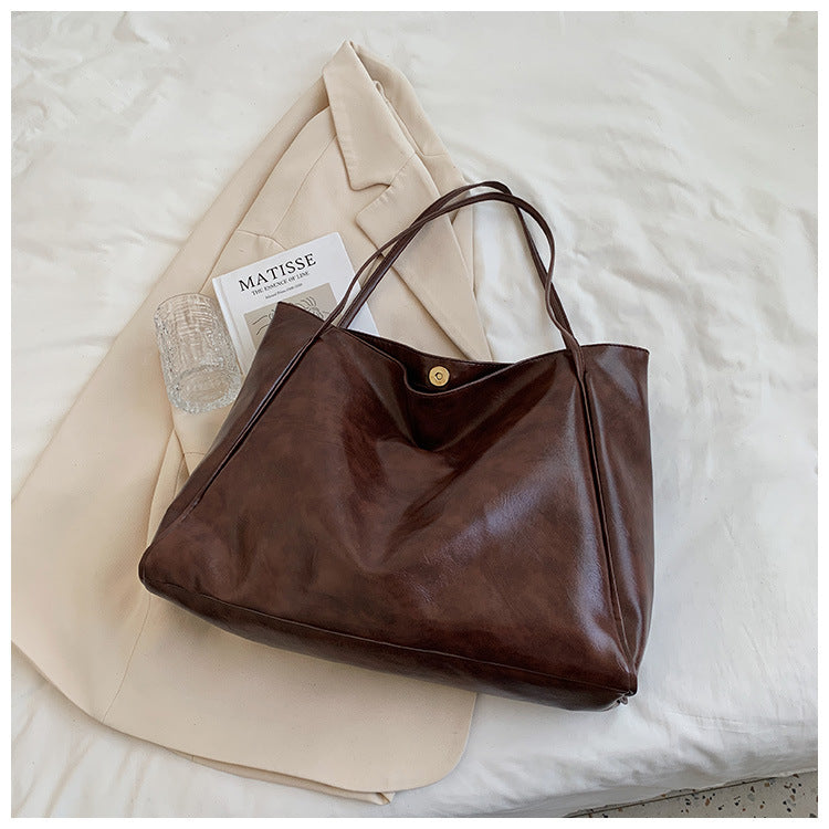 Women's Retro Soft PU Leather Large Capacity Tote Shoulder Handbag - Autumn Winter Fashion Statement Bag in Wine Red, Blue, Black, Brown, Milky White - Street Trendy Oversized Designer Purse