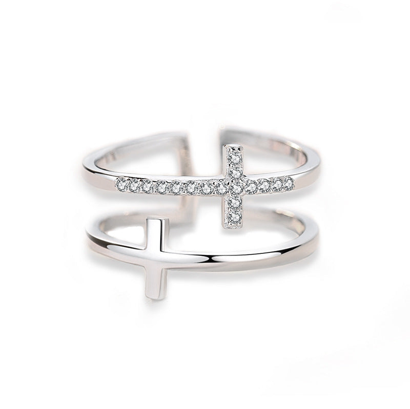 Adjustable Double Cross Zircon Ring White Gold Plated Copper Women's Fashion Jewelry