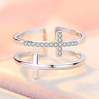 Adjustable Double Cross Zircon Ring White Gold Plated Copper Women's Fashion Jewelry