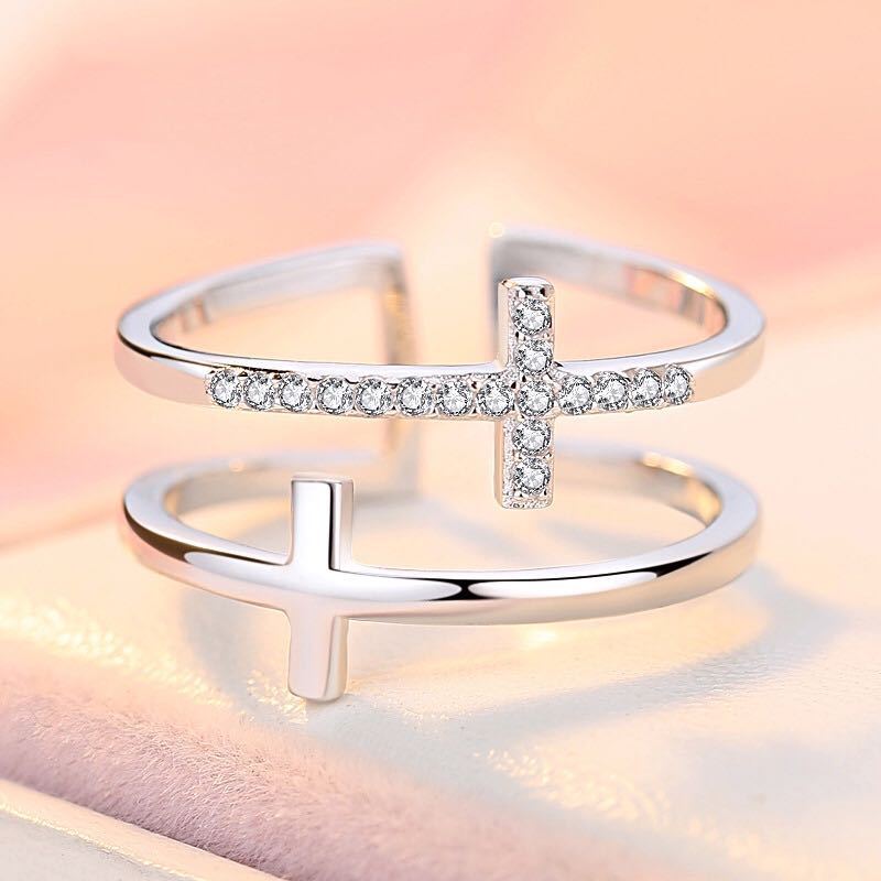 Adjustable Double Cross Zircon Ring White Gold Plated Copper Women's Fashion Jewelry